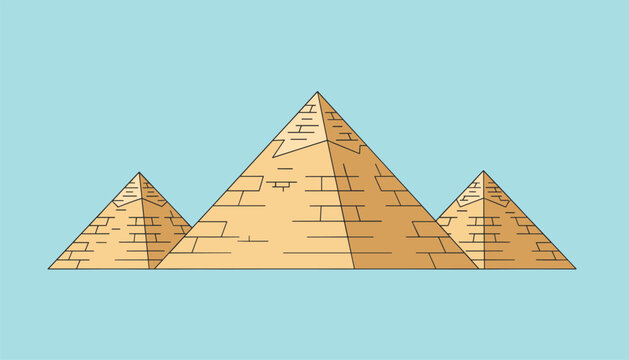 Three majestic Egyptian pyramids of Giza are illustrated in a clean vector style against a clear and bright blue sky background.