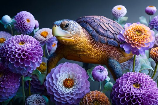 Fantasy Turtle with Dahlia Flowers