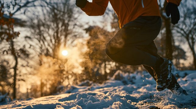 Person running through snow at golden sunset. 64k 8k widescreen, HDR
