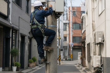 Fototapeta premium Utility Worker Climbing Pole in Urban Alley