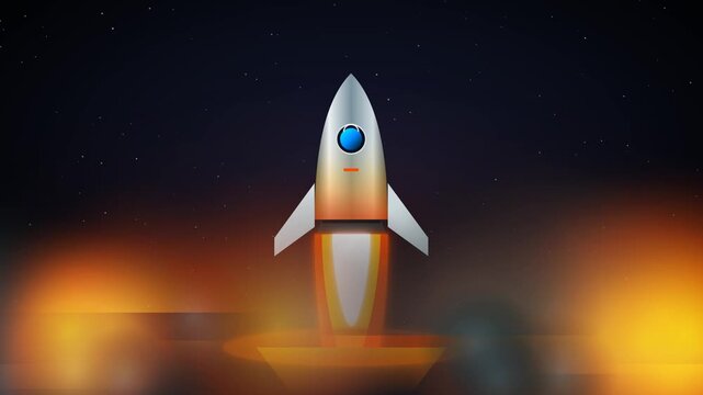 Cinematic futuristic space rocket ship hovering above launchpad with violent exhaust fire and billowing smoke