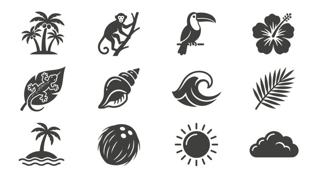 Tropical Icons Collection: Palm Trees, Monkey, Toucan, Hibiscus, Gecko, Seashell, Wave, Coconut, Sun, Cloud