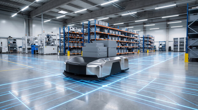 Autonomous mobile robot carrying packages in modern automated warehouse with digital grid 3d render