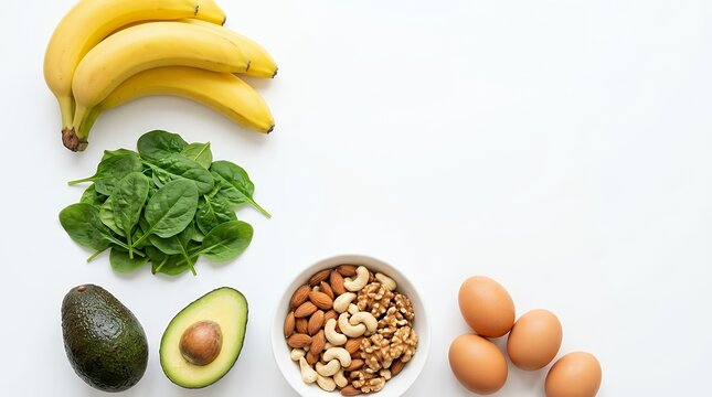 A nutrition visualization showing products containing magnesium including bananas almonds avocado nuts spinach and eggs on background for food and health concepts 3D render products containing