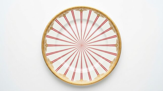 Top View of a Round Woven Tray with Red and White Stripes.