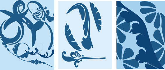 Fototapeta premium Blue ornamental vector banner set with dark blue floral ornaments and leaf motifs and baroque flourishes. 