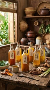Traditional Herbal Drink Bottles with Fresh Ingredients on Rustic Table.