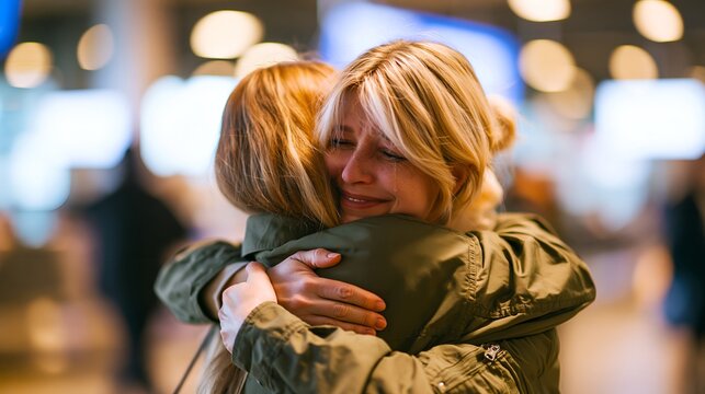 Two women embrace warmly in a softly lit indoor space. 64k 8k widescreen, HDR