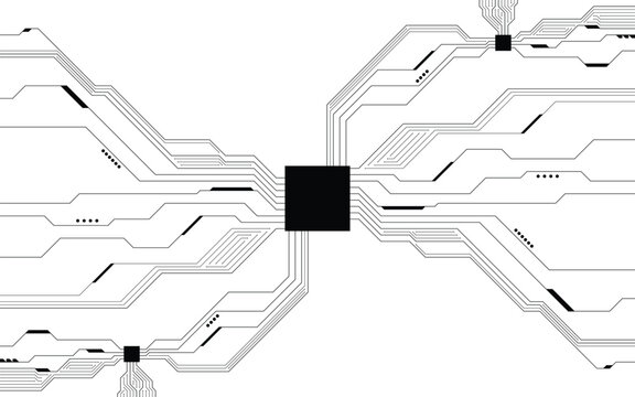 Futuristic processor circuit board background with electronic connection lines, modern motherboard vector illustration for ai, technology, computing and digital network