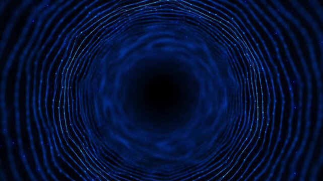 Deep blue digital vortex visual layered ring waves, wire mesh particles, and central black portal. futuristic travel, network motion, data tunnels, science openers, AI visuals, abstract backgrounds.