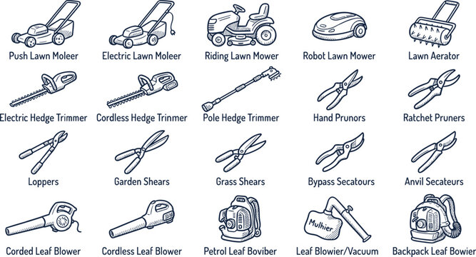 Gardening power tools icons set featuring labeled hand sketches of lawn mowers leaf blowers and hedge trimmers