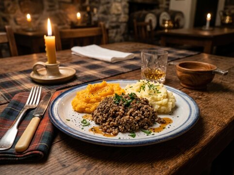 Traditional Scottish Haggis with Neeps and Tatties served in a cozy pub setting.