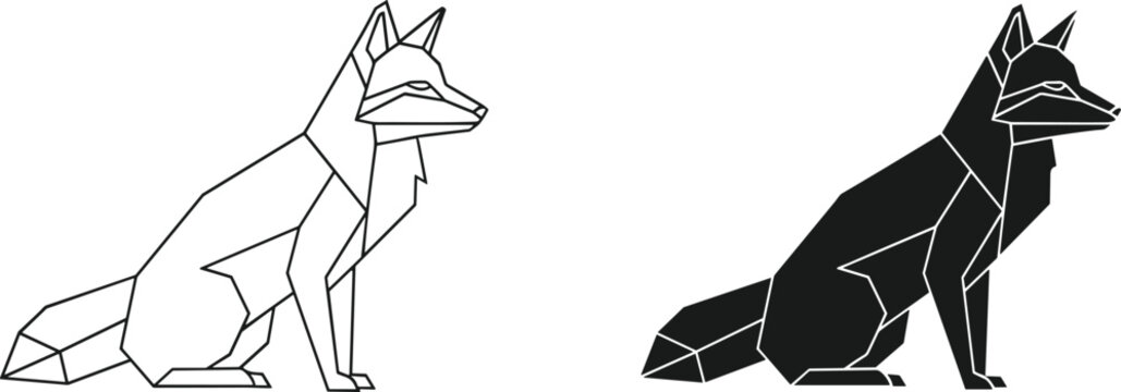 Geometric low poly fox vector illustration featuring linear outline and solid black silhouette versions on white background
