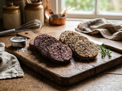Two Types of Sliced Black Pudding and Haggis on a Wooden Board.