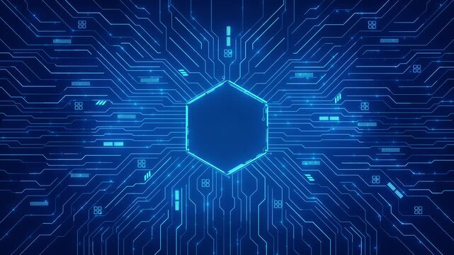 Cyan electronic hex core visual circuit pathways, blue matrix, glowing processor style. tech intros, machine learning semiconductor clips, cyber security screens, digital products, motion graphics.