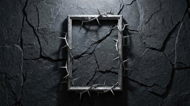 Silver frame with thorns on cracked black stone wall.