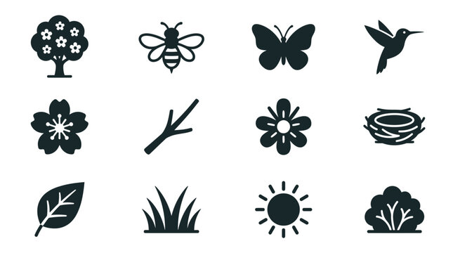 Nature Icons: Tree, Bee, Butterfly, Hummingbird, Flower, Nest, Leaf, Sun, Bush