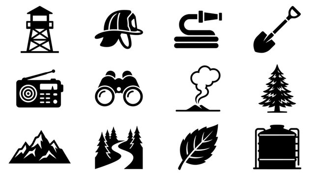 Wildfire Prevention and Safety Icons: Watchtower, Helmet, Hose, Shovel, Radio, Binoculars, Volcano, Tree