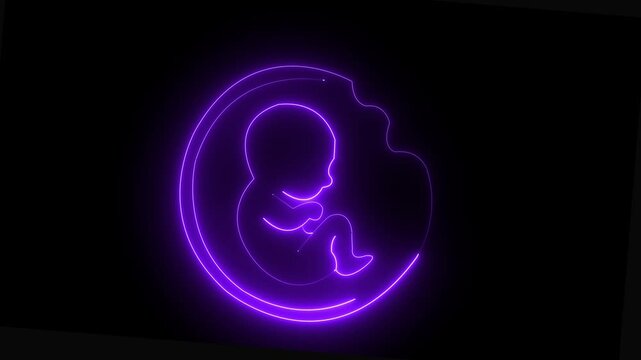 glowing neon Fetus in womb silhouette icon isolated on black background. symbolizing pregnancy medical symbol, embryo newborn life and growth. 4k video 