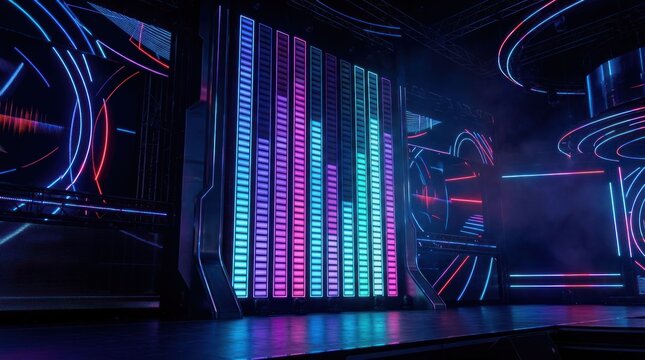 Vibrant Neon Equalizer Display on Futuristic Stage.
