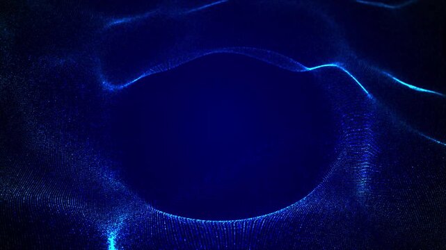 Digital blue waveform visual tiny particles, luminous surface curves, and deep abstract space. 19 backgrounds, data visualization, audio motion, network signals, AI openers, cinematic motion