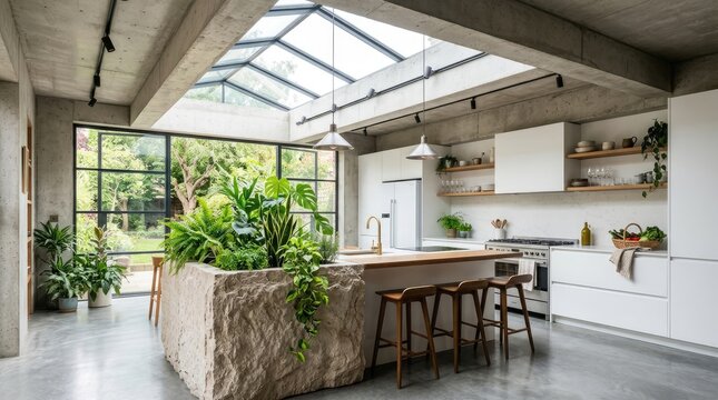 Minimalist kitchen featuring massive stone island and skylights.