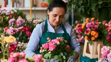 Fototapeta premium A woman wearing a green apron carefully arranges pink roses among colorful flowers in a vibrant floral shop setting