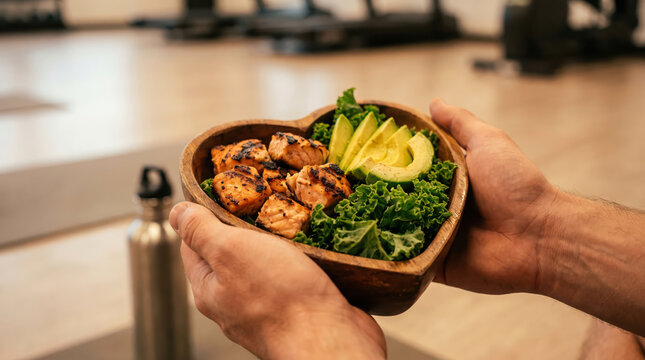 Hands holding heart shaped wooden bowl with grilled salmon avocado and kale in gym 3d render