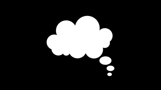 Animated thought bubble pop-up, cartoon comic cloud speech balloon outline, bold white chat bubble for text on black background. Cloud shaped thought speech balloon. animated speech icon.
