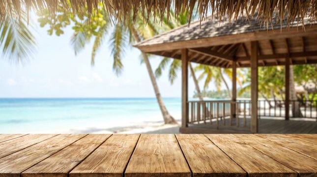 Cedar wood tabletop overlooking a tropical beach and gazebo