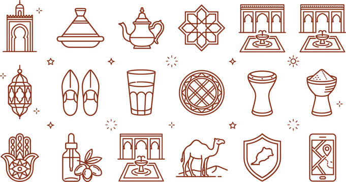 Moroccan Culture and Travel Line Icons Set with Tagine, Tea, Lantern, Camel, Mosaic and Traditional Symbols Vector