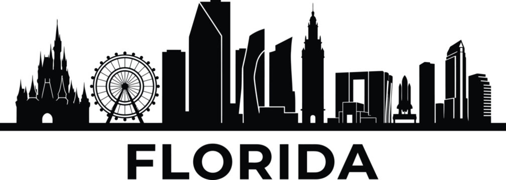 A black and white silhouette graphic featuring the iconic skyline of orlando florida with famous landmarks