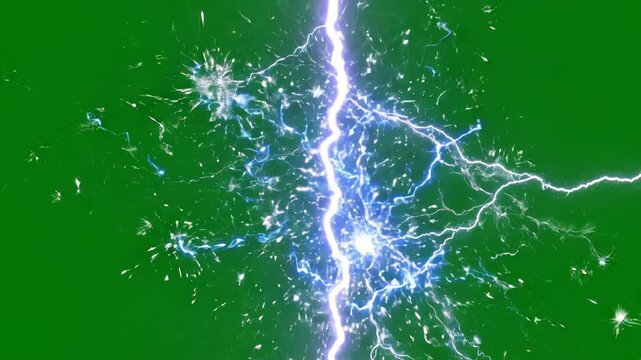 Electric lightning bolts and blue energy sparks flashing against a green screen background for sports motion graphics