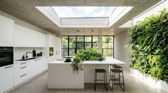 Minimalist white kitchen with indoor vertical living wall