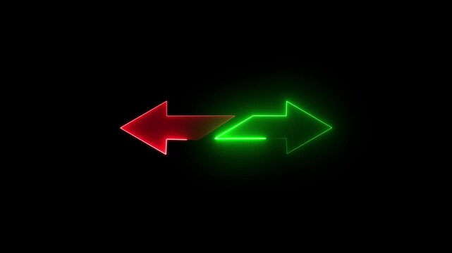 Glowing colorful indicating arrow blinking animation. Neon arrow icon left and right side indicating arrow. Glowing neon Abstract double arrow icon with left and right side animation background video