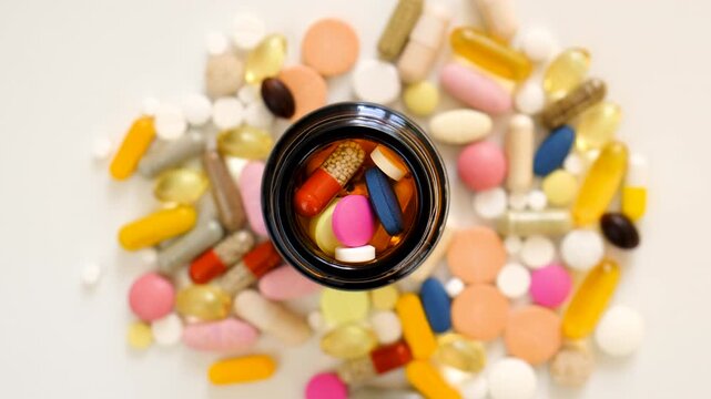 Various tablets and capsules, supplements and vitamins. Selective focus.