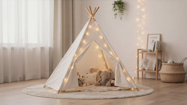 Small kids teepee tent with fairy lights in a cozy nursery room