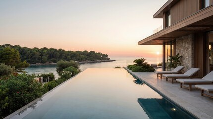 Fototapeta premium Luxury modern villa terrace with infinity pool overlooking sea and coastal landscape at sunset 3d render