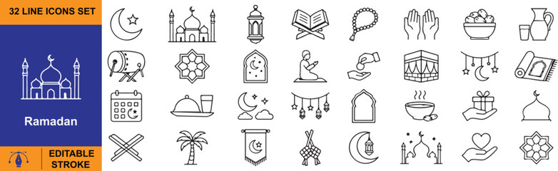 Obraz premium Ramadan Vector Outline Icons Set – Islamic Holy Month, Fasting, Prayer and Eid Line Symbols Collection.