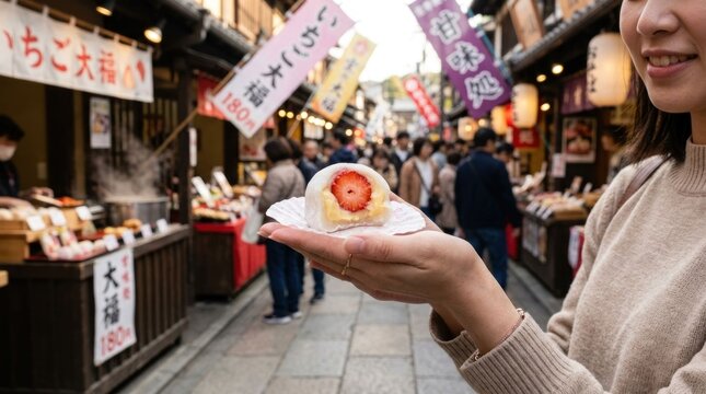 Woman holding a strawberry mochi in a bustling Japanese market street.