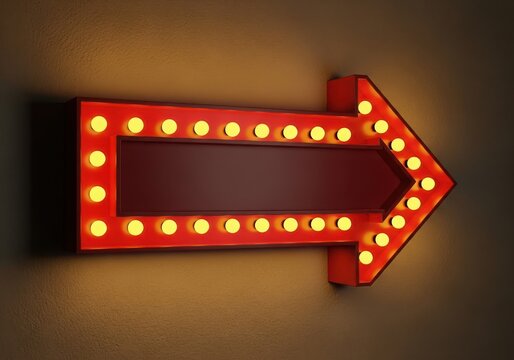Red illuminated arrow traffic sign with lights