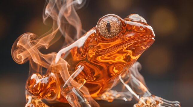 Transparent amber glass frog with swirling smoke effect.