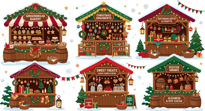 Vector Collection of Cozy Christmas Market Stalls Featuring Gingerbread Bakery Ornament Kiosks and Winter Fair Food Chalets for Holiday Event Branding