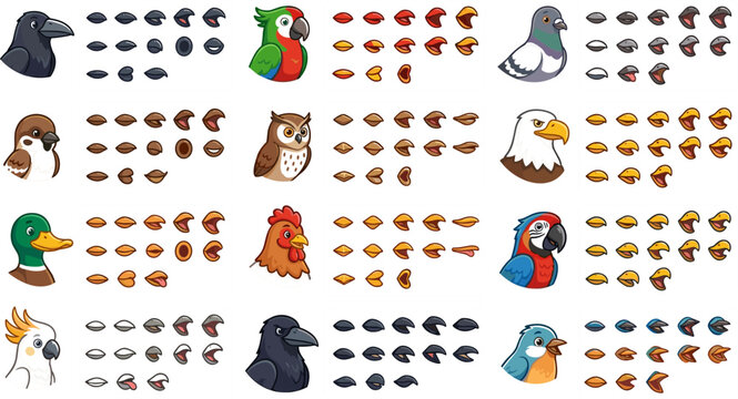 Large Vector Collection of Avian Character Head Icons Comparing Various Bird Beak Shapes Expressions and Animation Lip Sync Visemes for Mobile App UI