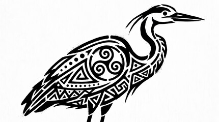 Obraz premium Tribal heron bird graphic with black ethnic patterns.