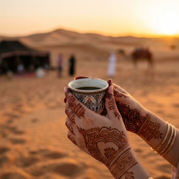 Womans Hands with Henna Holding Coffee Cup in Desert Sunset.