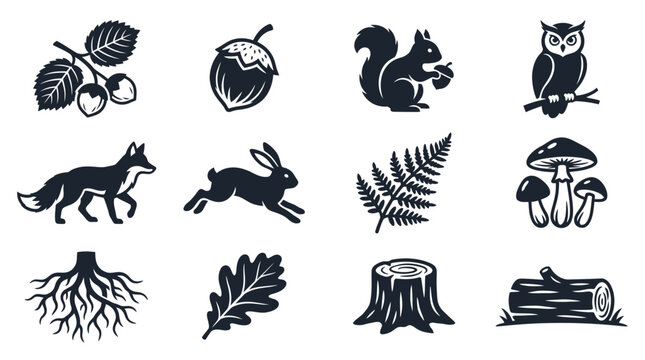 Forest Icons: Animals, Plants, and Nature Elements - Silhouette Collection