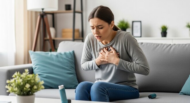 Young woman experiencing chest tightness and wheezing while holding an inhaler on a sofa