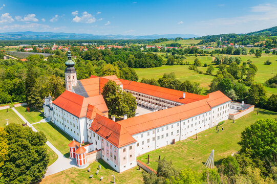 Aerial view of Cistercian monastery in town of Kostanjevica na Krki, Slovenia, Europe