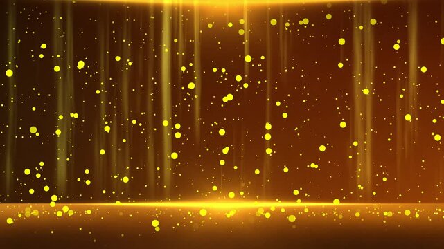 Golden particles abstract background stage spotlight, glowing bokeh particles, luxury elegant shimmer light, floating sparkle dust animation on blackground, 4k